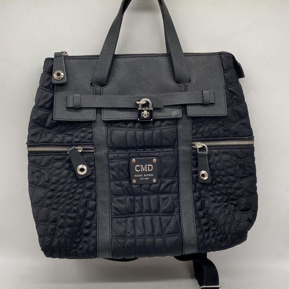Henri Bendel Black Quilted Nylon/Leather Large Jetsetter Convertible Backpack